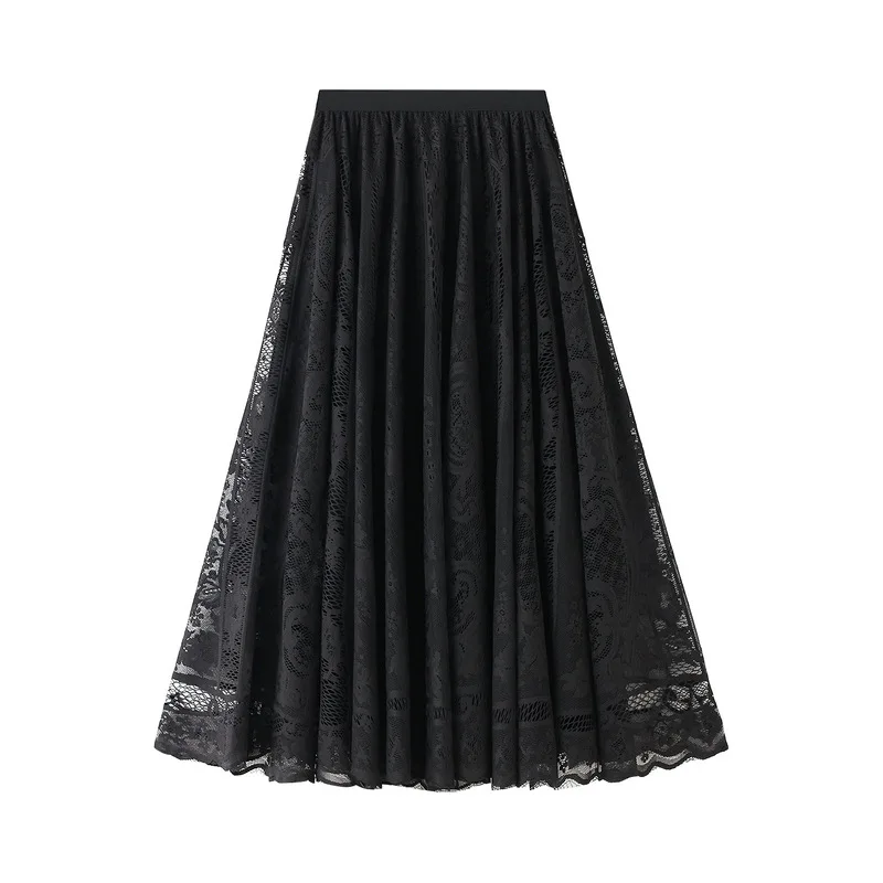 

Qooth Women Spring Laced Tulle Skirts Elastic Waist Mesh Tutu Skirt Pleated Calf Length Bottoming Beige Black Skirts QT397