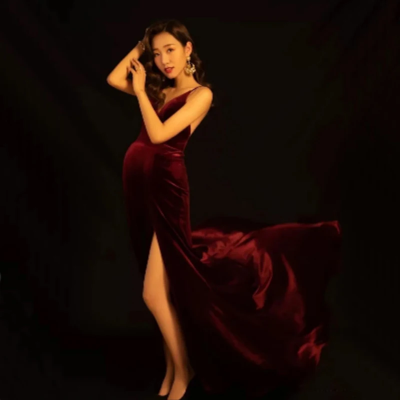 

Maternity Dresses Red Deep V-Neck Tight Shoulderless Sexy Maxi Pregnant Woman Dresses For Photo Shoot Baby Shower Dress