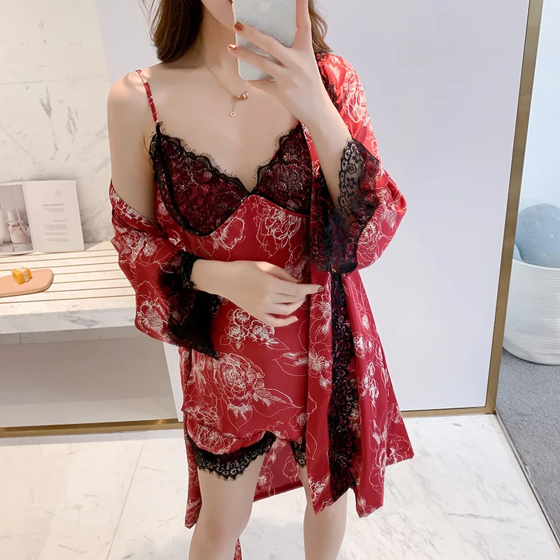 

Female Homewear Kimono Robe Satin Nightwear Intimate Lingerie Print Flower 3PCS Pajamas Suit Summer New Sleepwear Pyjamas