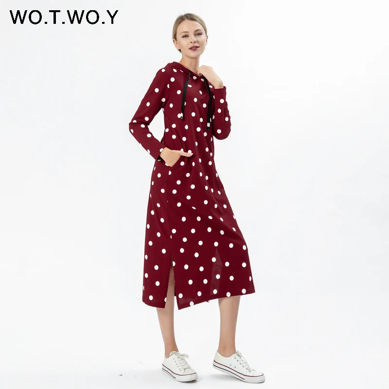 WOTWOY осеннее повседневное хлопковое женское платье в горошек с карманами 2019 до