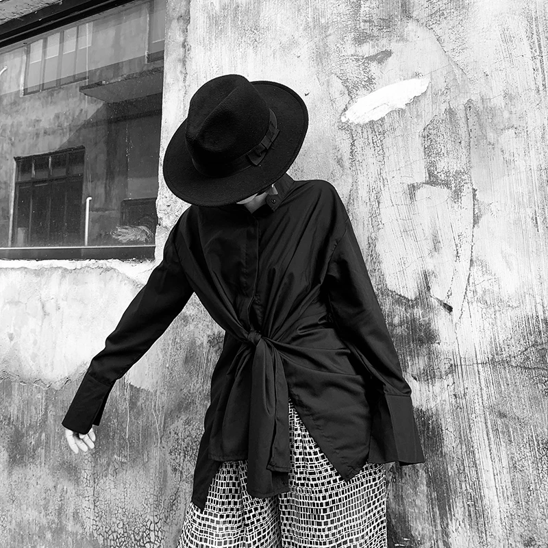 LANMREM элегантный стиль черная рубашка с длинным рукавом для женщин Повседневная