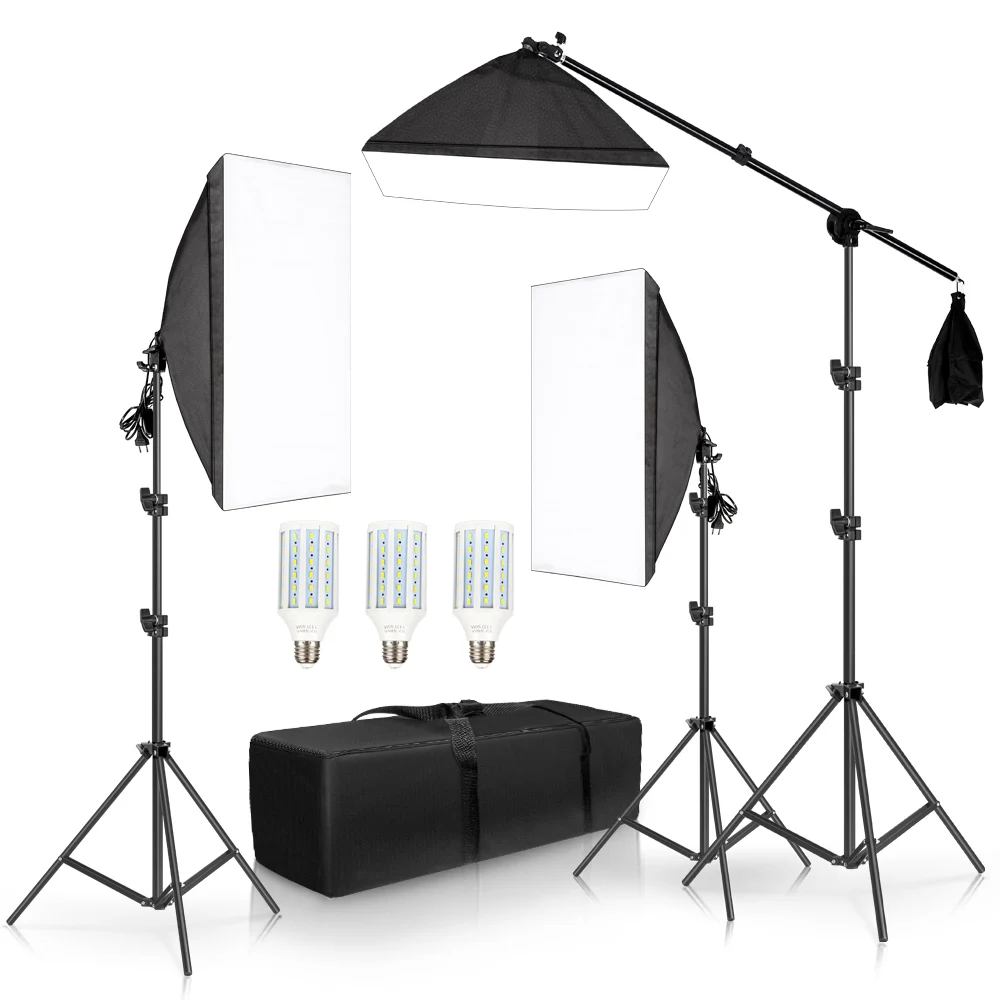 Enlarge Professional Photography Photo Studio Softbox Lights Continuous Lighting Kit Equipment Boom Arm 3Pcs Soft Box With Sandbag