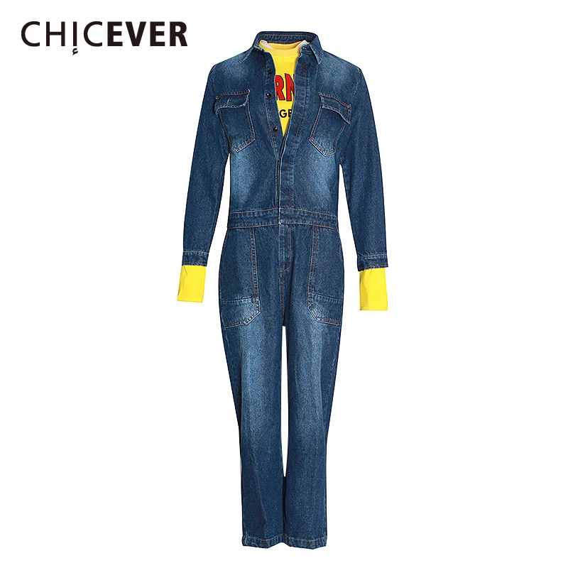 CHICEVER Denim Casual Two Piece Set For Women O Neck Print T Shirt High Waist Long Sleeve Jumpsuits Female Sets 2022 Spring New