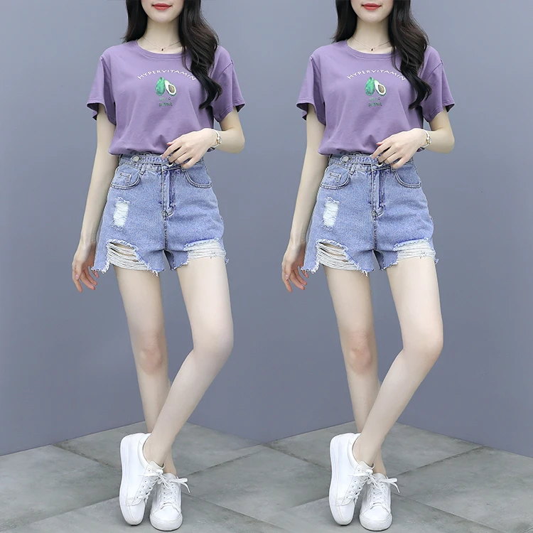 

Summer Purple Sweatshirt & Tall Waist Hole Bull-Puncher Knickers Denim Shorts Western Style Suits Women 2 Pcs Set Clothing