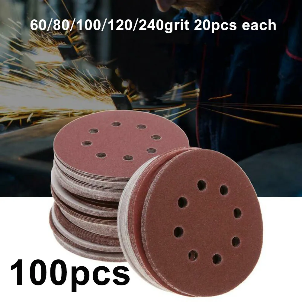 

100PCS Mix Grit Round Sandpaper 5 Inch 125mm Hook And Loop Eight Hole Disk Sand Sheets Sander Discs Polishing Pads Abrasive Tool