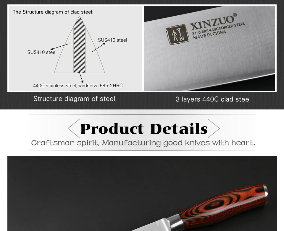 XINZUO 7 ''нож Santoku 3 слоя 440C стальной кухонный нож высокого качества из нержавеющей стали японский нож шеф-повара с ручкой Pakkawood