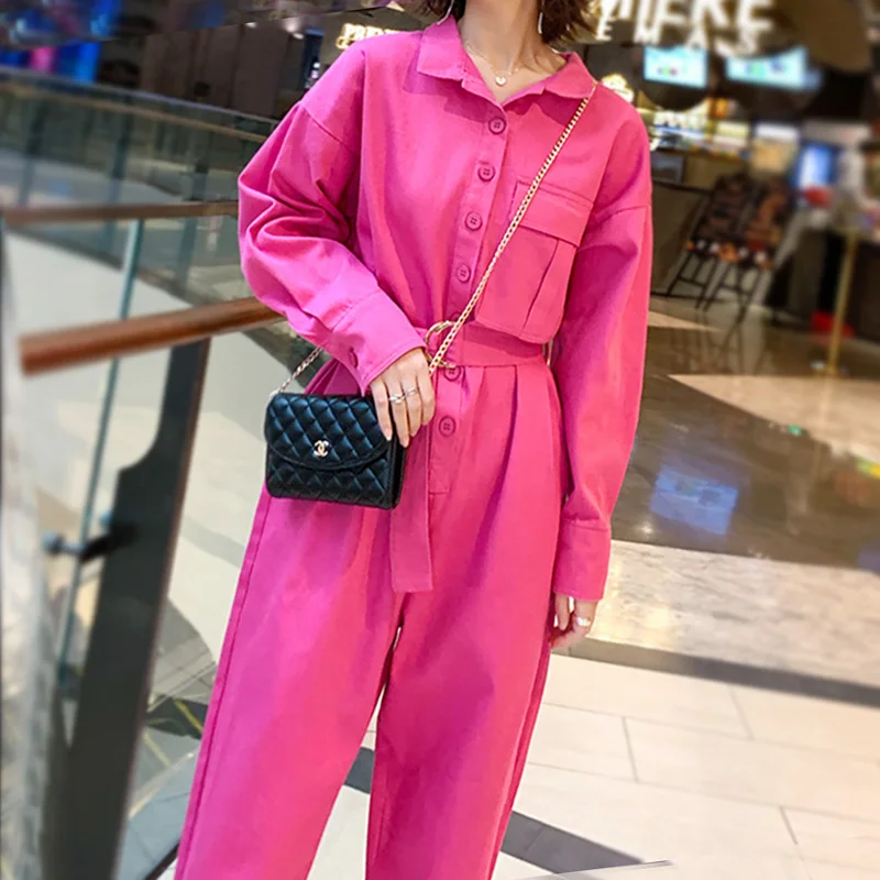 New Spring Autumn Women High Waist Long Sleeve Cotton Overalls Female Casual Vintage Rose Red Tracksuit Lounge Wear Jumpsuit | Женская