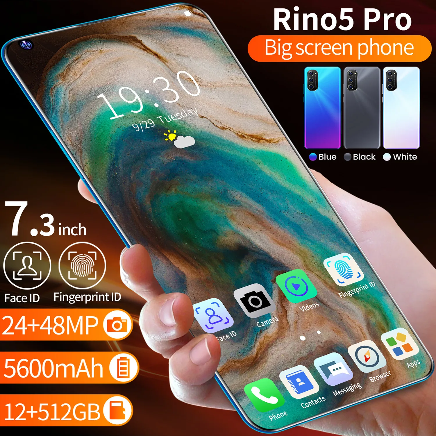 

7.3 Inch New Rino5 Pro 12GB 512GB 24+48MP Andriod 10 Smartphones Ten Core MTK6889 Dual SIM 5G Really Global Version Cell Phone