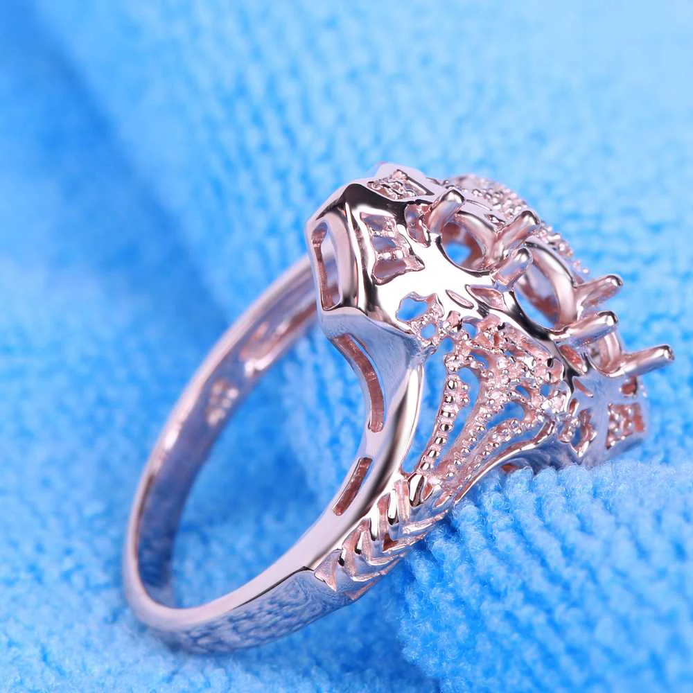 

HELON 4mm Round Cut Solid 14k Rose Gold Three Stone Style Semi Mount Antiques Engagement Wedding Women Trendy Fine Jewelry Ring