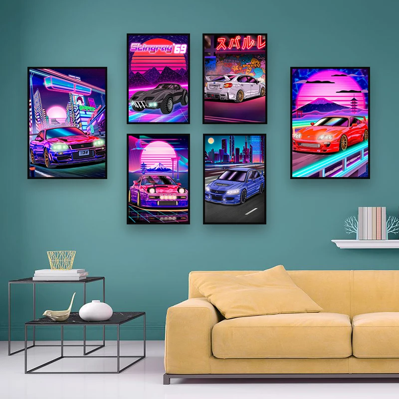

Tokyo Street Racing Nissan GTR Synthwave Neon 80S Framed Canvas Poster Modern Europe Style Painting Home Kawaii Room Wall Decor
