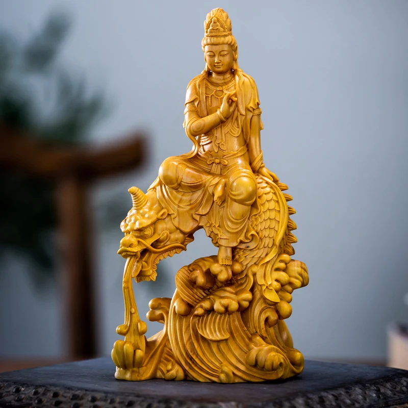 

NEW 15cm Guan Yin Wood Buddha Statue Boxwood Dragon Guanyin Bodhisattva Solid Wood Sculpture Feng Shui Home Decor