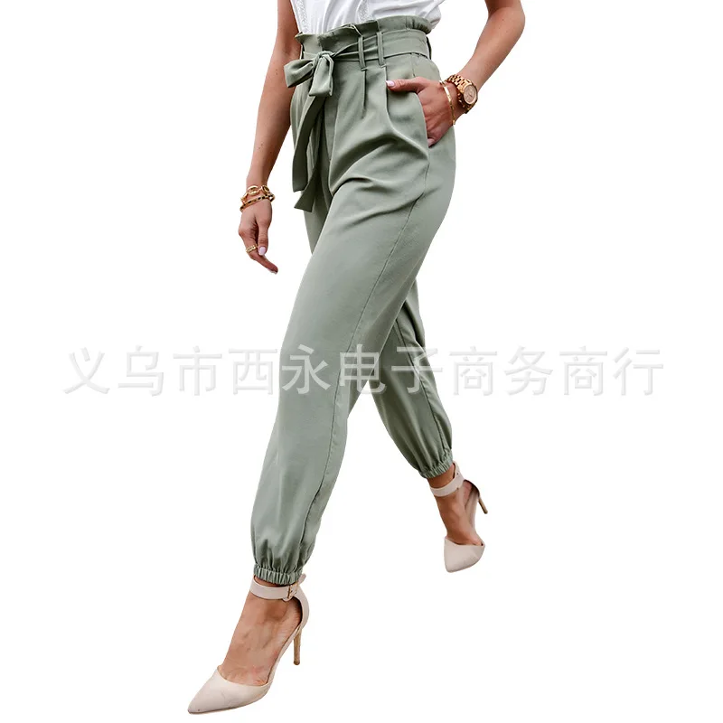 

High Waist Pocket Belt Full Length Pencil Pants Women Spring/Autumn Casual Solid Pants for Women Donsignet