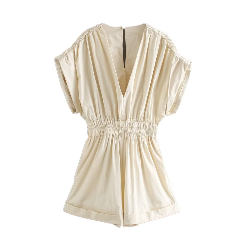 

2021 Women Apricot Playsuits Chic Lady Casual Summer Fashion Y2k Pleated Solid Loose Elastic High Waist Short Jumpsuits Chic New
