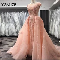 elegant pink evening dresses removable train 2020 mermaid appliques lace saudi arabic women formal prom gowns party dress