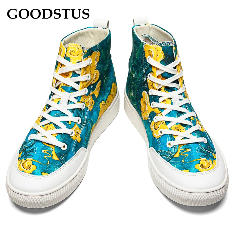 GOODSTUS Men Canvas Shoes Chinese Style Cyan Dragon Comfortable Breathable High Top Fashion Quality Couple Shoe Hot Sale | Обувь