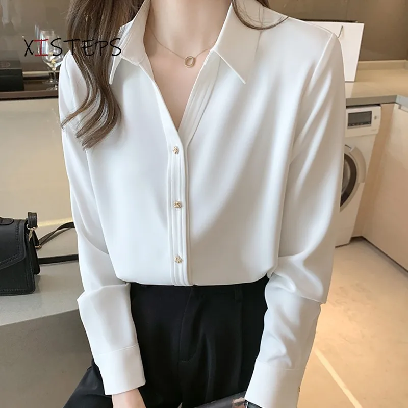 Metal Button Women Satin Blouses Shirts 2021 Office Lady Tops High Quality Elegant White Suit Shirts Long Sleeve Blusas Feminina