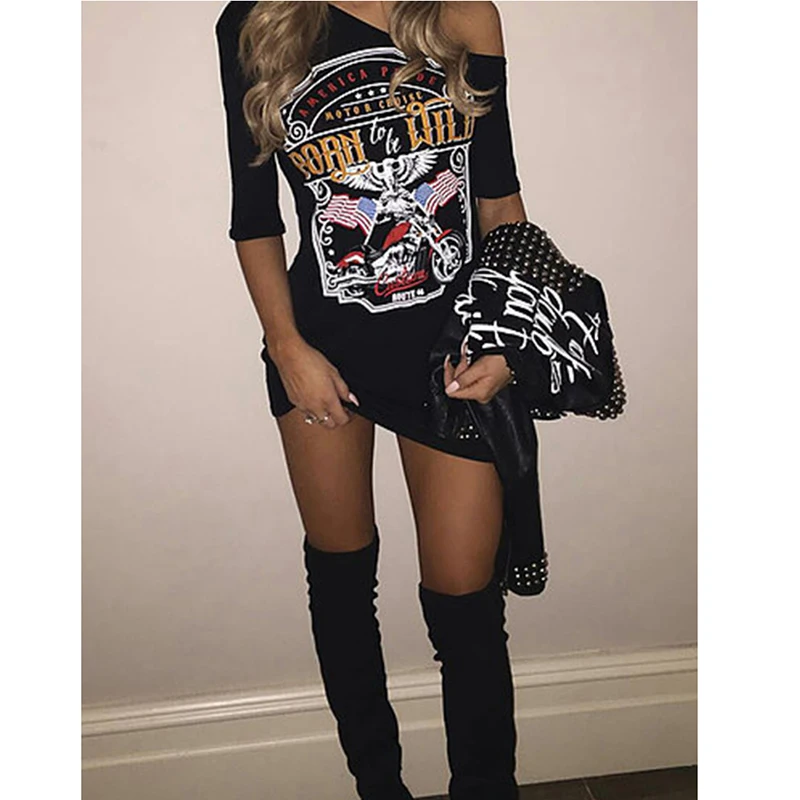 Ladies Women Punk Rock Short Sleeve Eagle Print T-Shirt Cut Shoulder Halter Baggy Dress Y4QB | Женская одежда