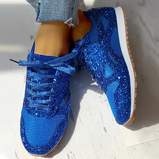 Blue Блестящие женские кроссовки на плоской подошве; шикарная Повседневная Вулканизированная обувь; женская сетчатая Обувь На Шнуровке; женская прогулочная обувь для бега; женская обувь размера плюс - Цвет: Blue
