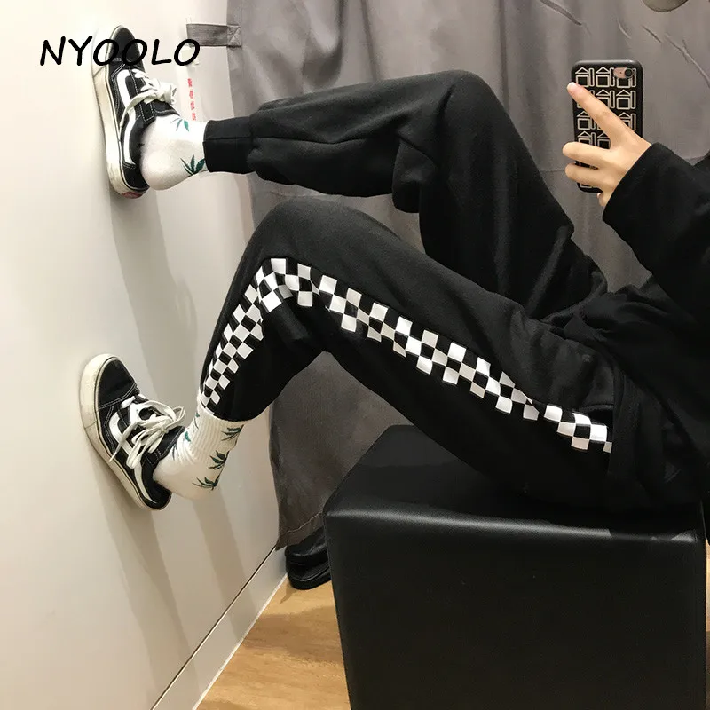 NYOOLO Harajuku уличная одежда в клетку с принтом хип-хоп штаны для бега осень зима эластичный пояс плюс бархатные теплые спортивные штаны для женщин и мужчин