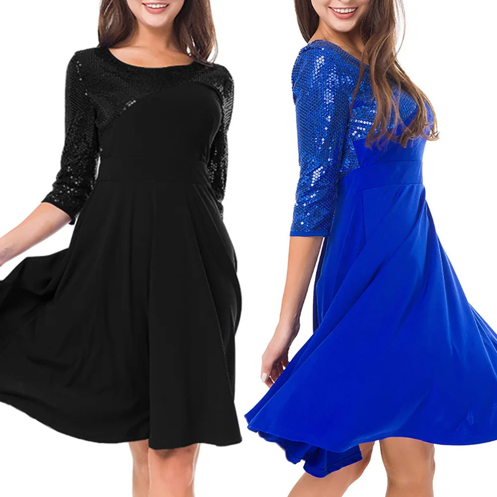 Женское платье трапециевидной формы с блестками элегантное круглым вырезом и