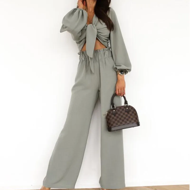 

Fashion Office Lady Long Sleeve Outfits Sexy Bandage V-Neck Tops + Soft High Waist Pants Suits Women Casual Solid Two Piece Sets