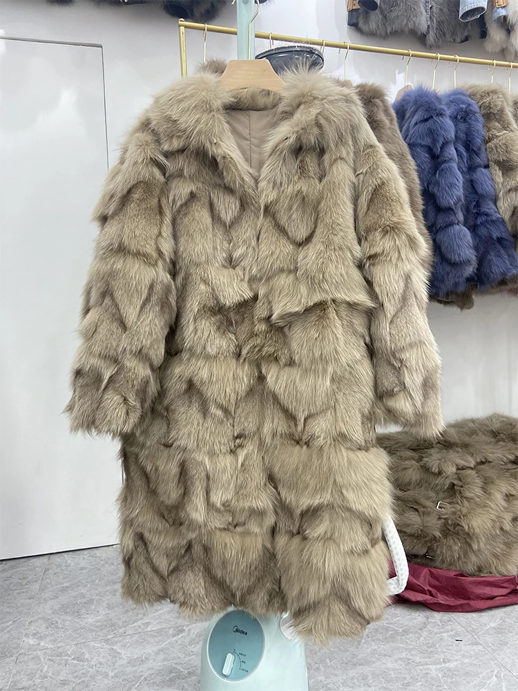 Women's Thick 100% Real Fox Fur Long Warm Long Sleeve Loose Overcoat Winter Warm Real Fox Coat