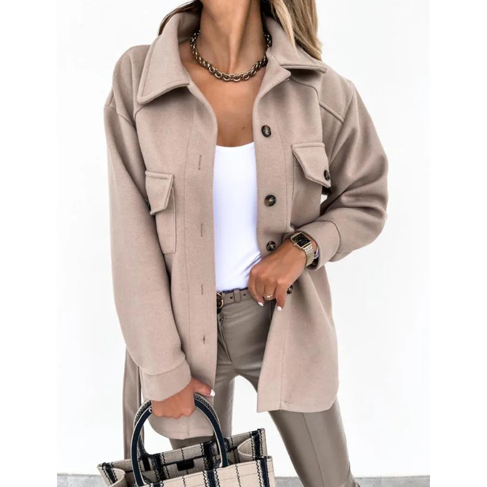

Women's Fashion 2021 Solid Wool Loose Jacket Lapel Vintage Single Thick Breasted Jackets Fall Winter Long Sleeve Casual Outwears
