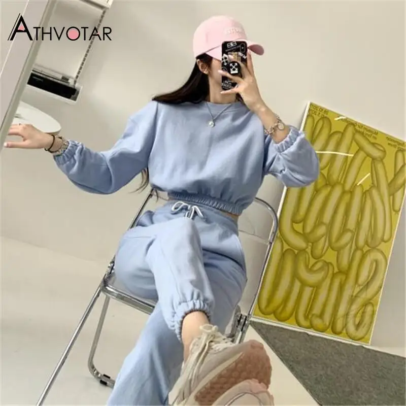 

ATHVOTAR Two Piece Set Women Tracksuits Sweat Suits High Waist Long Sleeve Top and Pants Sportswear Women