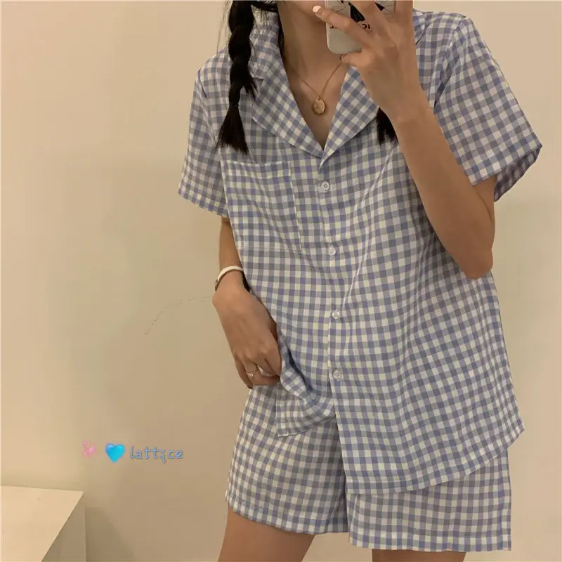 

Women Short Sleeve Summer Two Piece Set Loose Chic Fashion Vintage Sweet Sleeping Wear Simple Casual Elegant Plaid