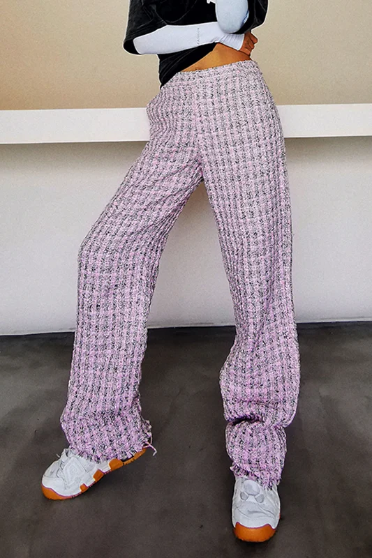 

2021 Spring New Woven Loose Mop Wide Leg Pants Female Pink Plaid Casual Tweed Straight Pants Fashion Trousers