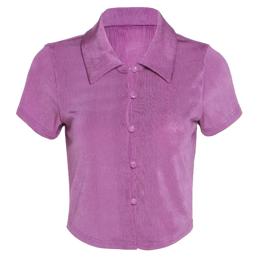 

MissThalia 90s Fashion Turn-Down Collar Crop Tops Y2K Vintage Single-Breasted Short Sleeve Purple T-Shirts Summer Sexy Tees 2021