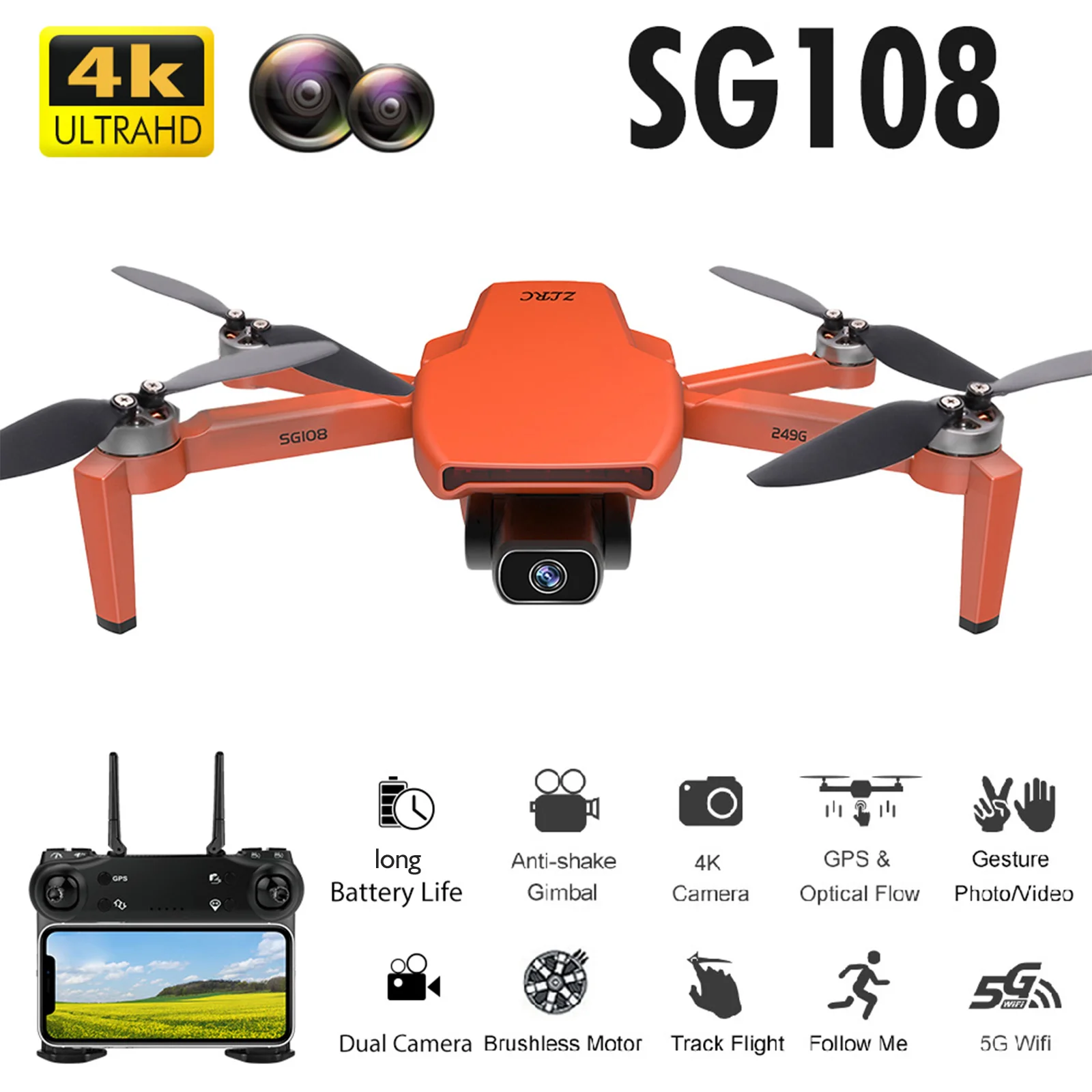 Дрон SG108 двойная камера 4K GPS WiFi FPV управление жестами |