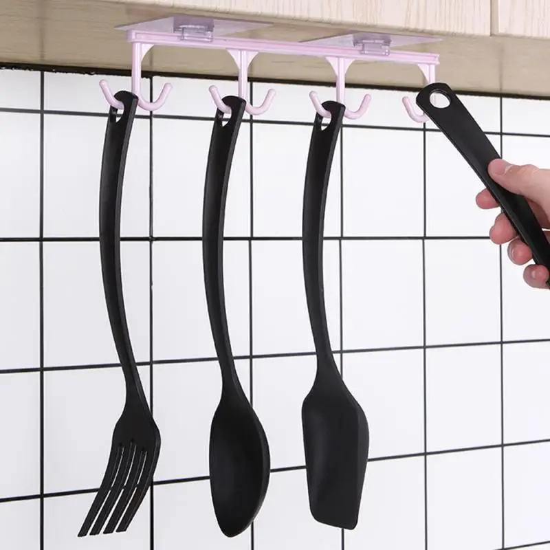 8 Row Hooks Ceiling Hanging Rack Hook Wall Paste Plastic Hook Kitchen Cups Cooking Shovel Storage Hook Wardrobe Ties Towels Hook