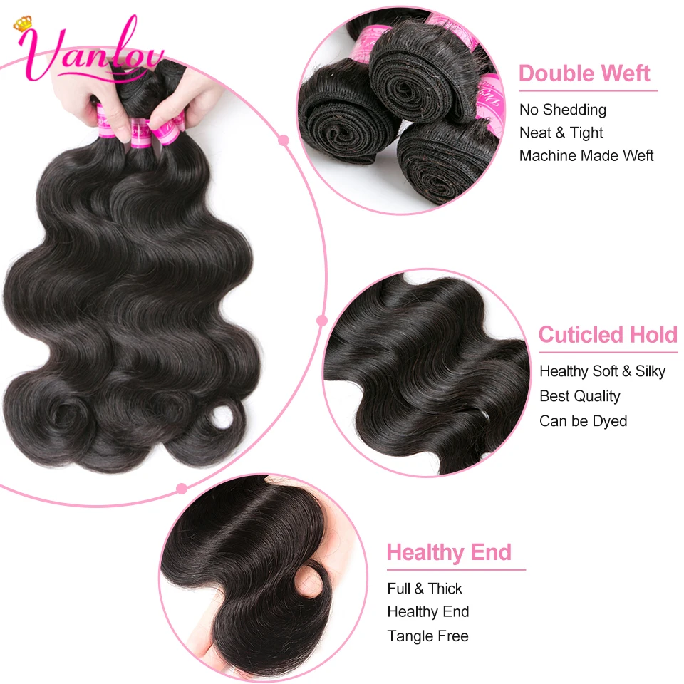 Vanlov Hair Peruvian Body Wave Human Bundles With Closure 4 4X4 Remy Jet Black 5 PCS/lot | Шиньоны и парики