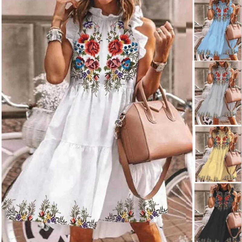 

Petal Sleeve Half High Collar Mid Dress Summer Fashion Floral Print Sleeveless Spliced Beach Dress Women's Basic Casual Vestidos