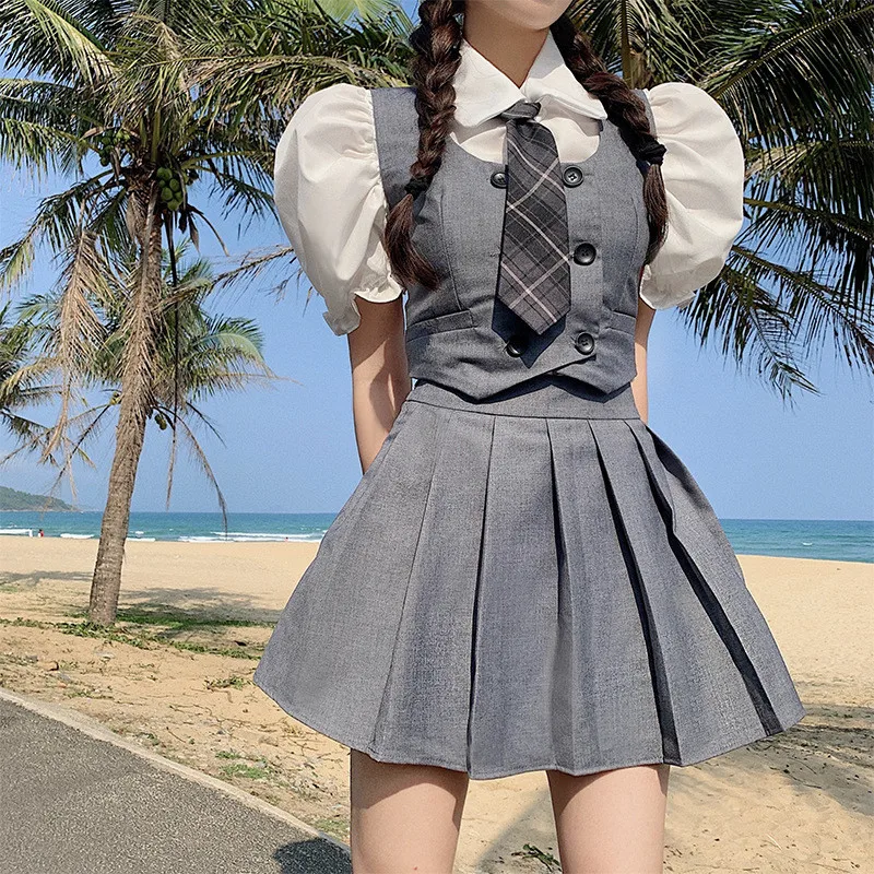 

School Uniform for Women Students Summer Lattice Tie Bubble Sleeve Short Dresses Sets Suit Style Pleated Skirt College Costumes