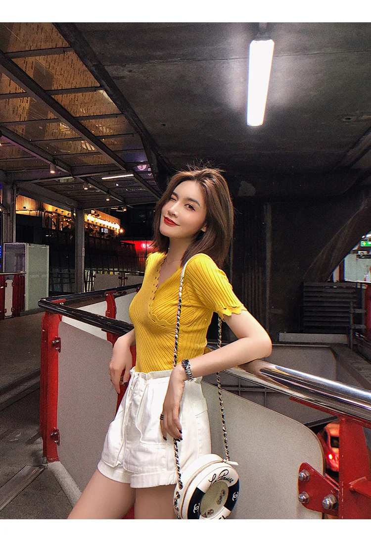 

Женский короткий свитер из вискозы, летний топ с V-образным вырезом и коротким рукавом, в стиле пэчворк, новинка 2020