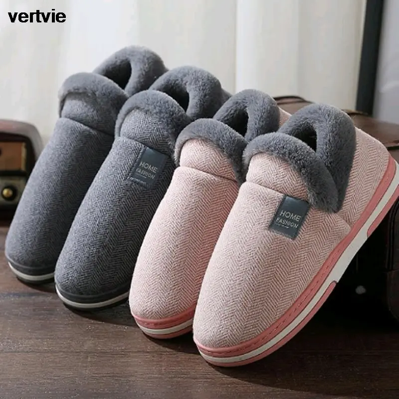 

Vertvie Men Shoes Winter Slippers Home Warm Fur Shoes Women Man Fashion Cotton Women Slip-on Leather Slides Casual Loafers