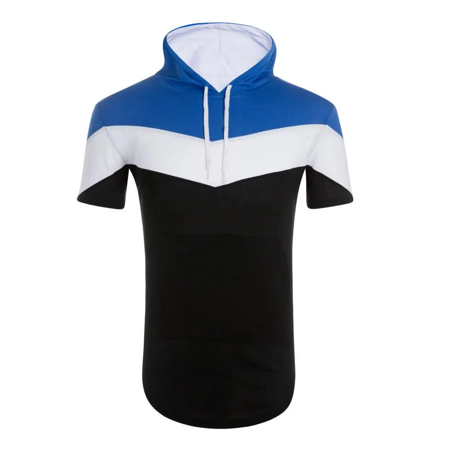 

Men's casual trend hip-hop short-sleeved hoodie 3-color stitching T-shirt men's fashion hooded male design long sports hoodie