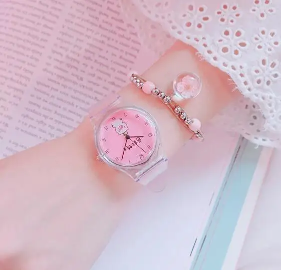 Pink add Bracelet Новинка, милые Мультяшные часы со Свинкой, женские прозрачные часы, милые красивые женские кварцевые часы, женские наручные часы, reloj mujer - Цвет: Pink add Bracelet