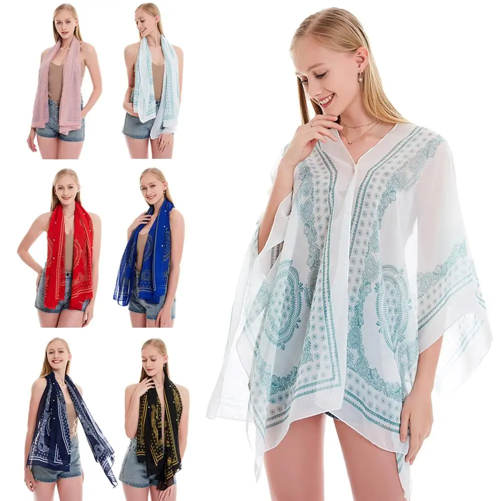 Женское шифоновое солнцезащитное пончо с принтом в стиле бохо летняя длинная
