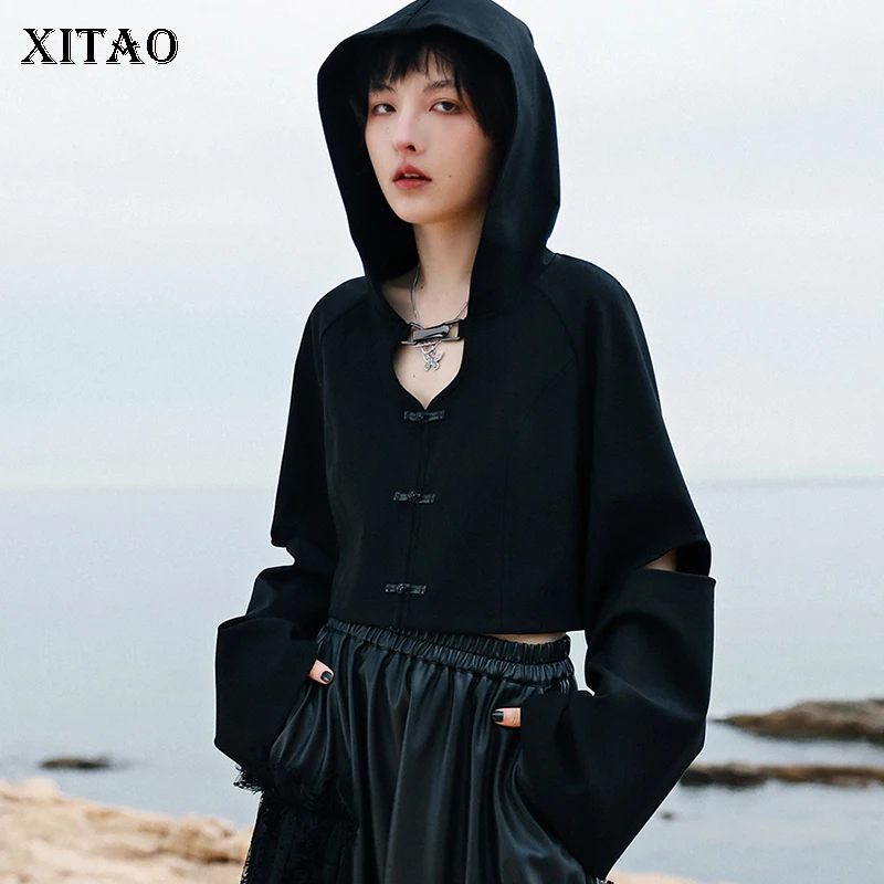 

XITAO Лоскутная Толстовка на пуговицах для женщин 2021 Осенняя Повседневная модная стильная Стильная универсальная женская одежда с капюшоном ...