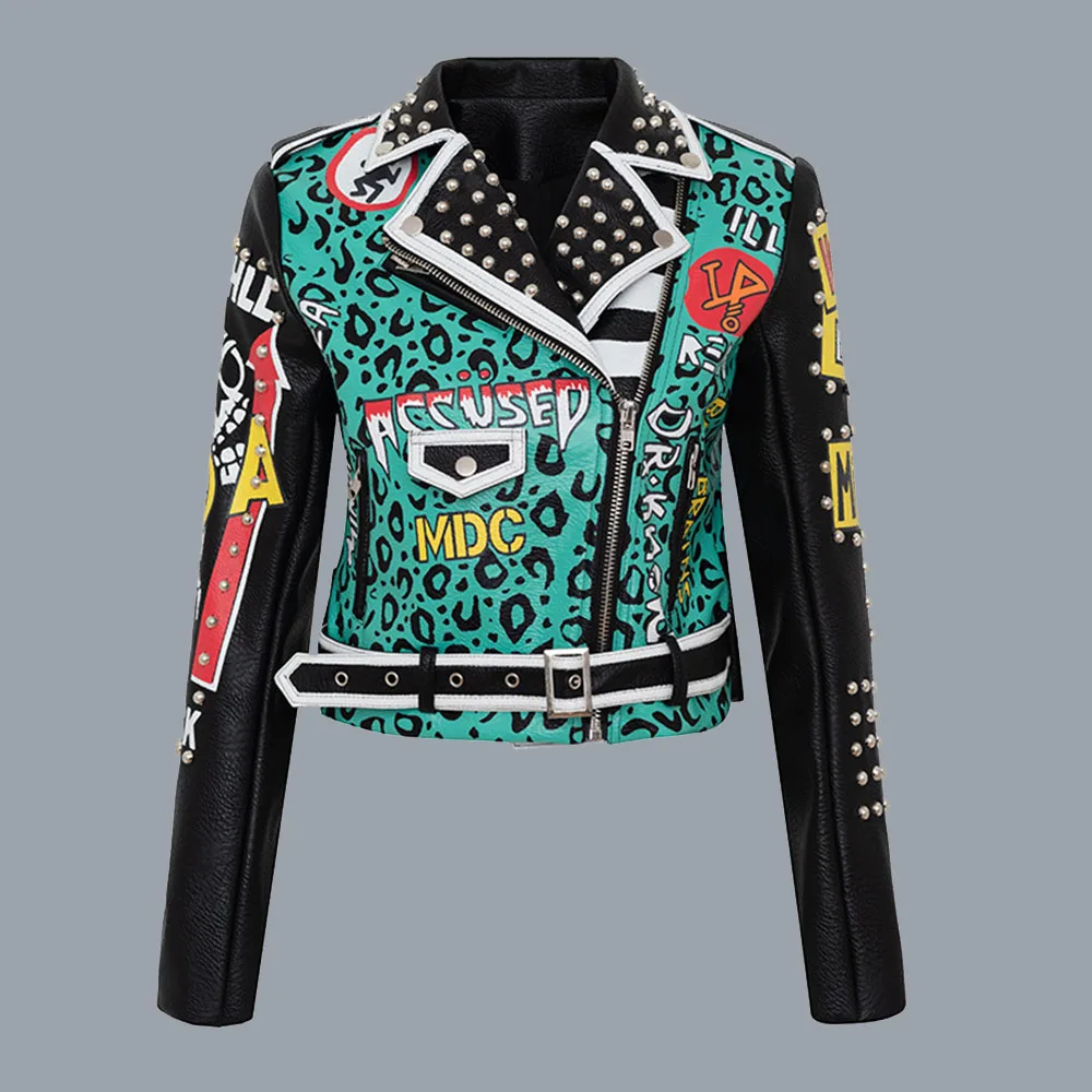 

Rivet PU Leather Jacket Women Punk Rock Graffiti Printed Patchwork Motorcycle Jackets Coats 2021 Autumn Winter Outwear