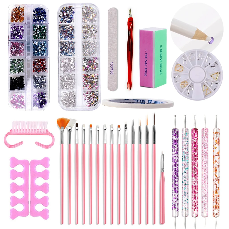

31PCS/Set Nail Tools Sets Dotting Pen Rhinestone Fine Liner Pen Brushes Dead Skin Pushers Files Buffer Nail Kit Professional Set