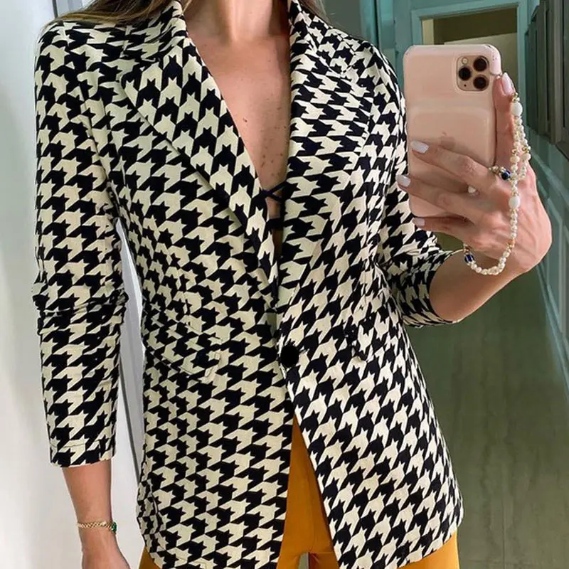 

2021 Autumn Winter New Houndstooth Women Elegant Coat Turn-down Collar Single-breasted Women Office Blazer Jacket
