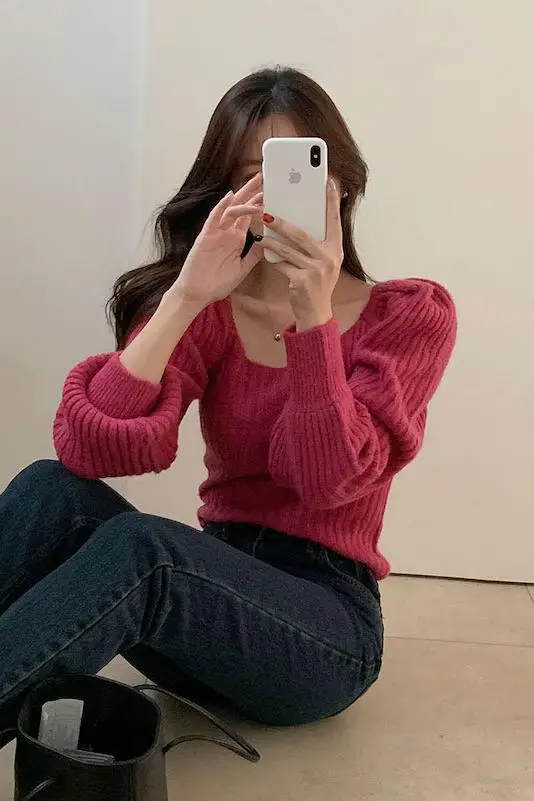 

Sweater Women 2021 Spring and Autumn New Temperament Square Collar Bubble Sleeve Sweater Lantern Sleeve Sweater