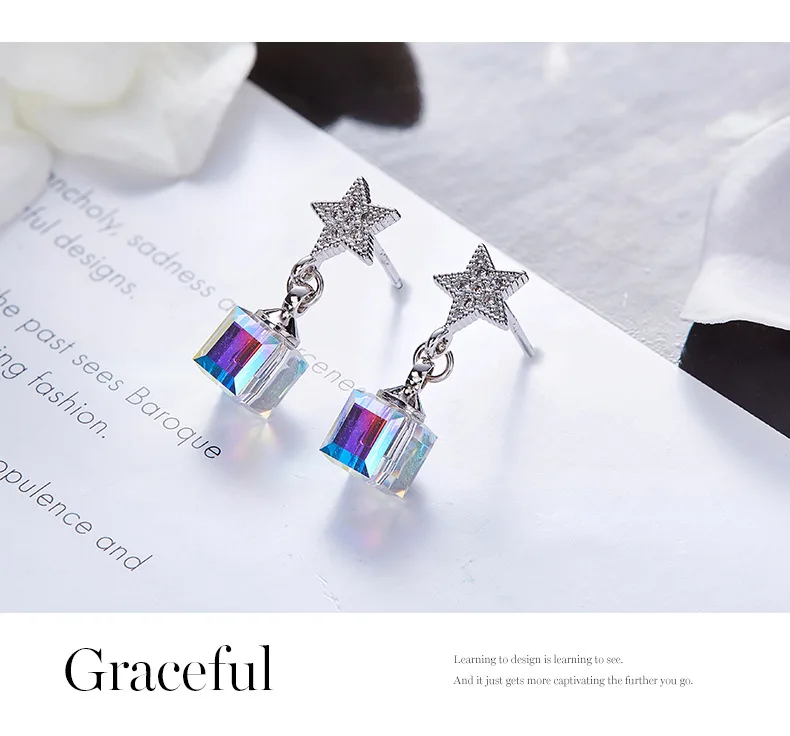 Warme Farben Crystal from Swarovski Earrings for Women S925 Sliver Square Cube Crystal Drop Earrings Korean Earrings Brincos