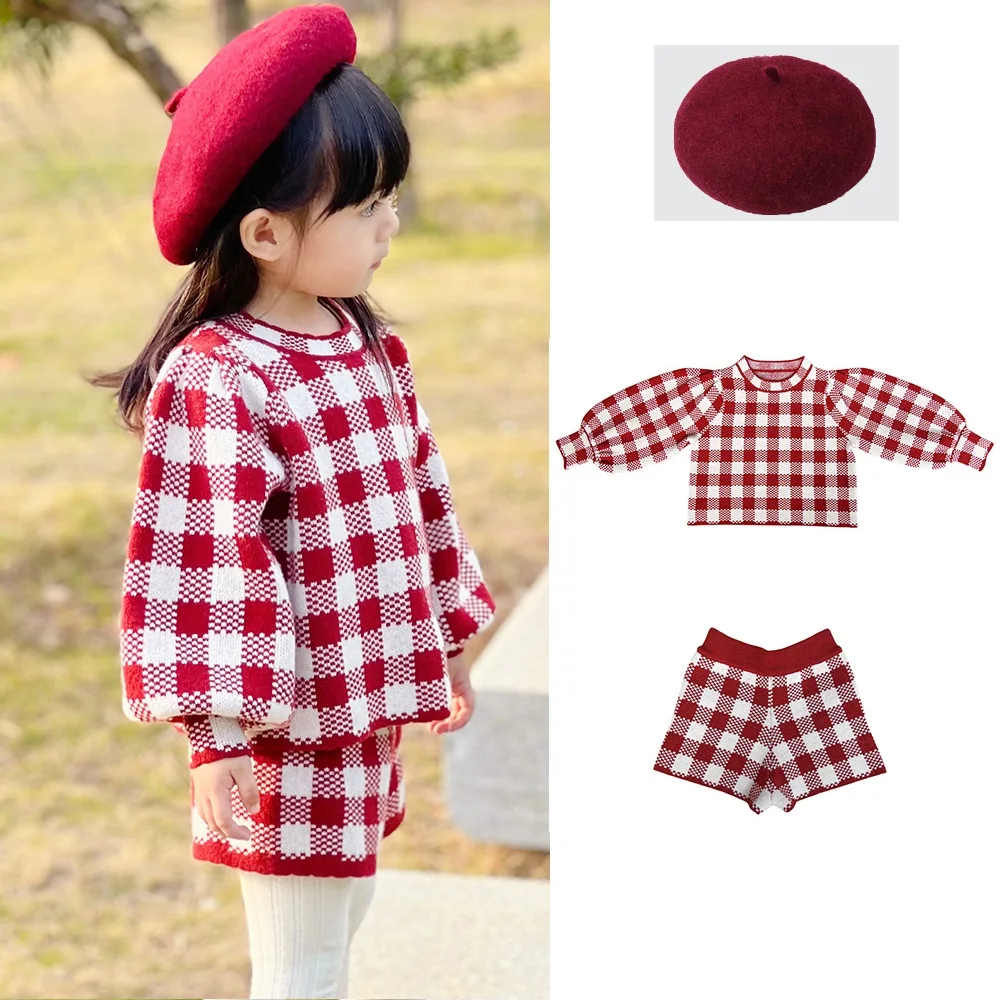 

Girls Pullover 2022 Spring New Baby Clothing Plaid Knitwear Shorts Cotton Children's Jacket Girls Sweater Children's Clothing