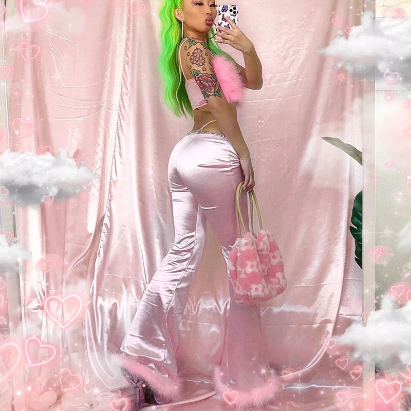 Новые милые брюки с высокой талией расклешенные меховым подолом женские клеш