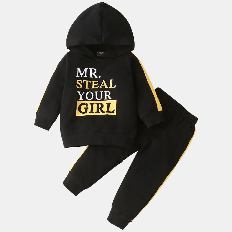 

2022 New Spring and Autumn Boys Hooded Pullover Letter Printing Set Children's Long Sleeve Simple Casual Sports Shirt Set